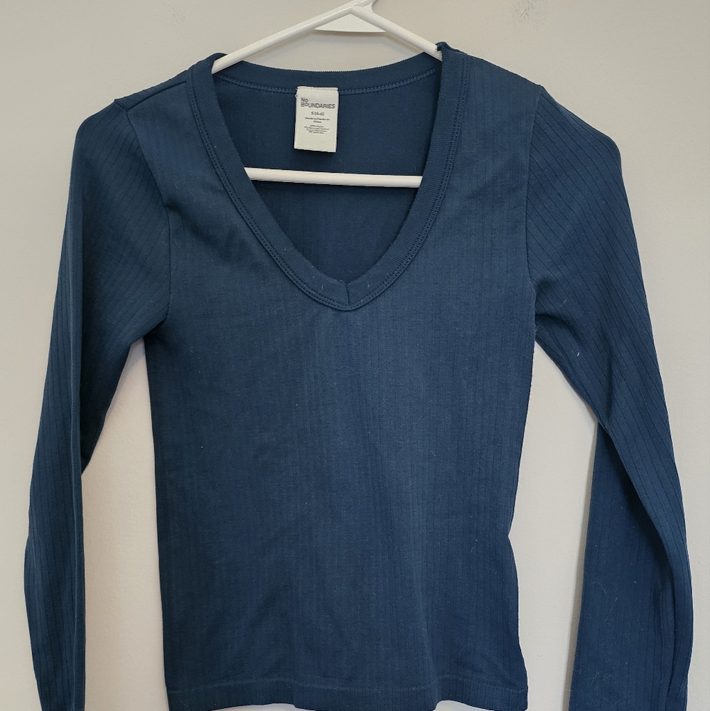 Faded Glory Women's Short, Blue, Ribbed Long-Sleeve V-Neck Top Sz 4-6